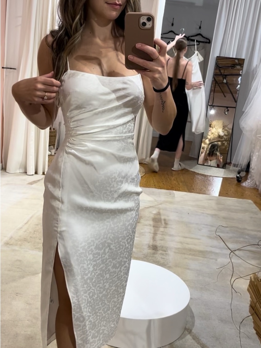 Jenny Yoo Satin Midi Dress with Side Slit